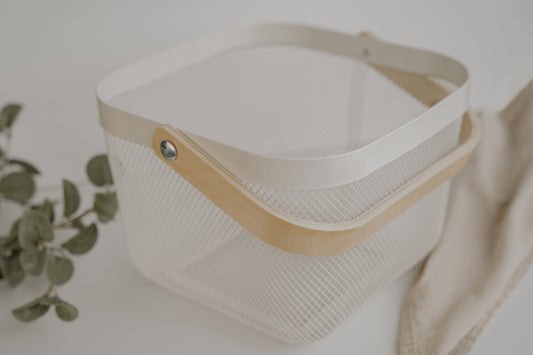 Panier métal blanc et bois