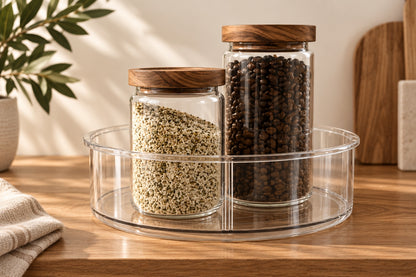 Bocaux verre et acacia dans Lazy Susan 4 sections