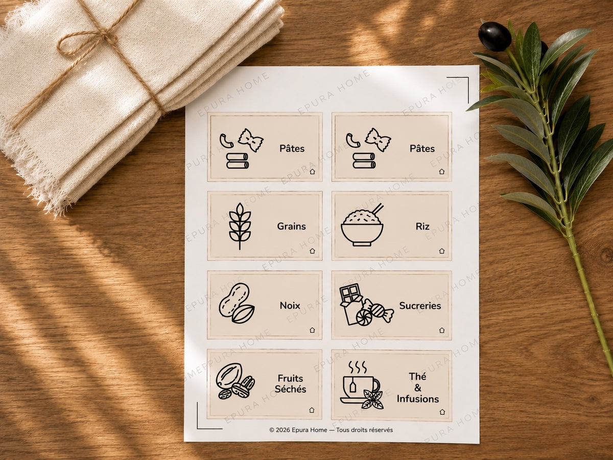 Étiquettes et pictogrammes Epura Cuisine - pâtes, grains, noix et fruits séchés français
