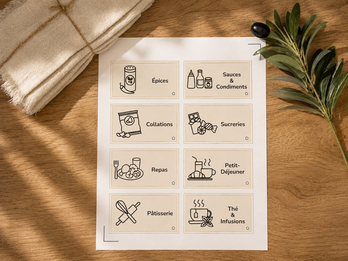 Huit étiquettes et pictogrammes Epura en français pour la Zone Repas et collations