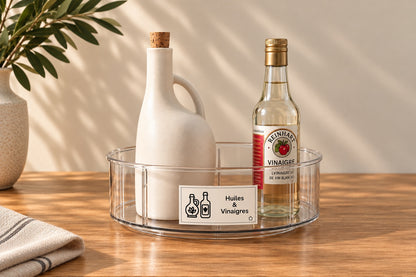 Zone Huiles & Condiments Epura avec Lazy Susan, bouteille en grès et pictogramme Huiles & Vinaigres