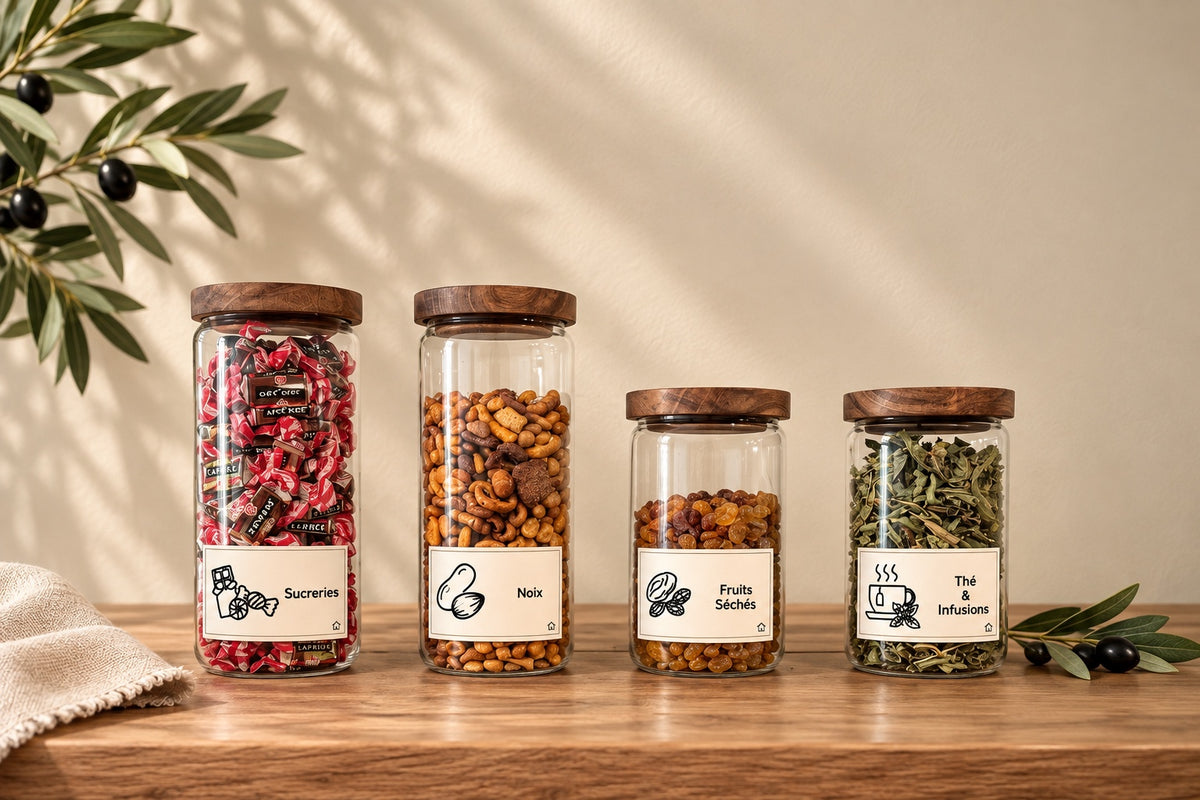 Zone Noix, fruits séchés & herbes Epura — bocaux remplis et étiquetés
