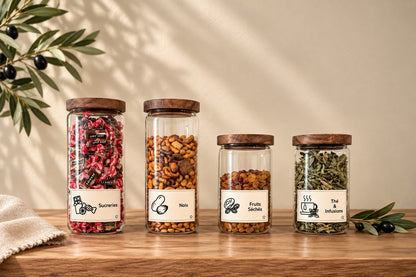 Zone Noix, fruits séchés & herbes Epura — bocaux remplis et étiquetés