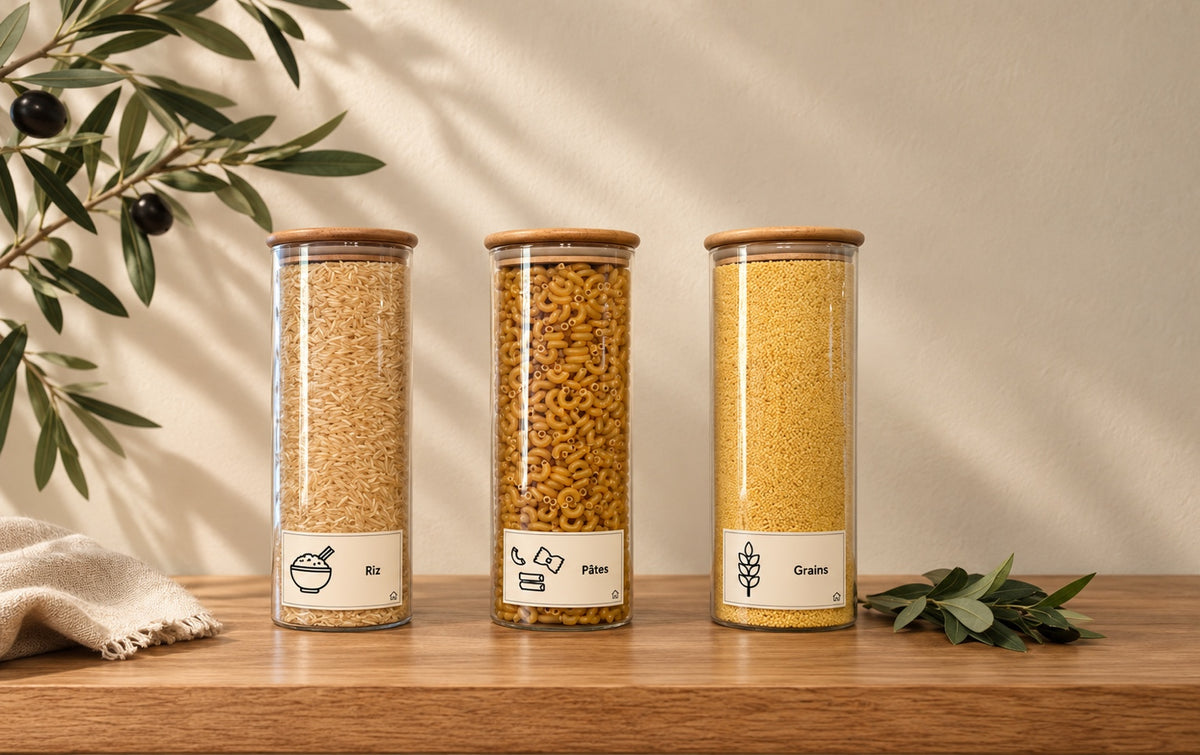Zone Pâtes, riz & grains Epura avec trois bocaux en verre et bambou