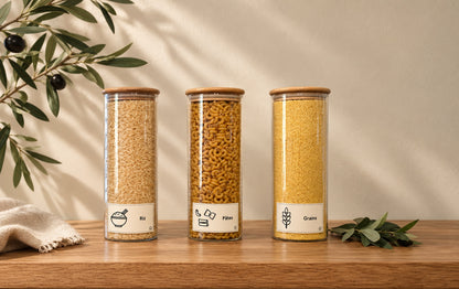 Zone Pâtes, riz & grains Epura avec trois bocaux en verre et bambou